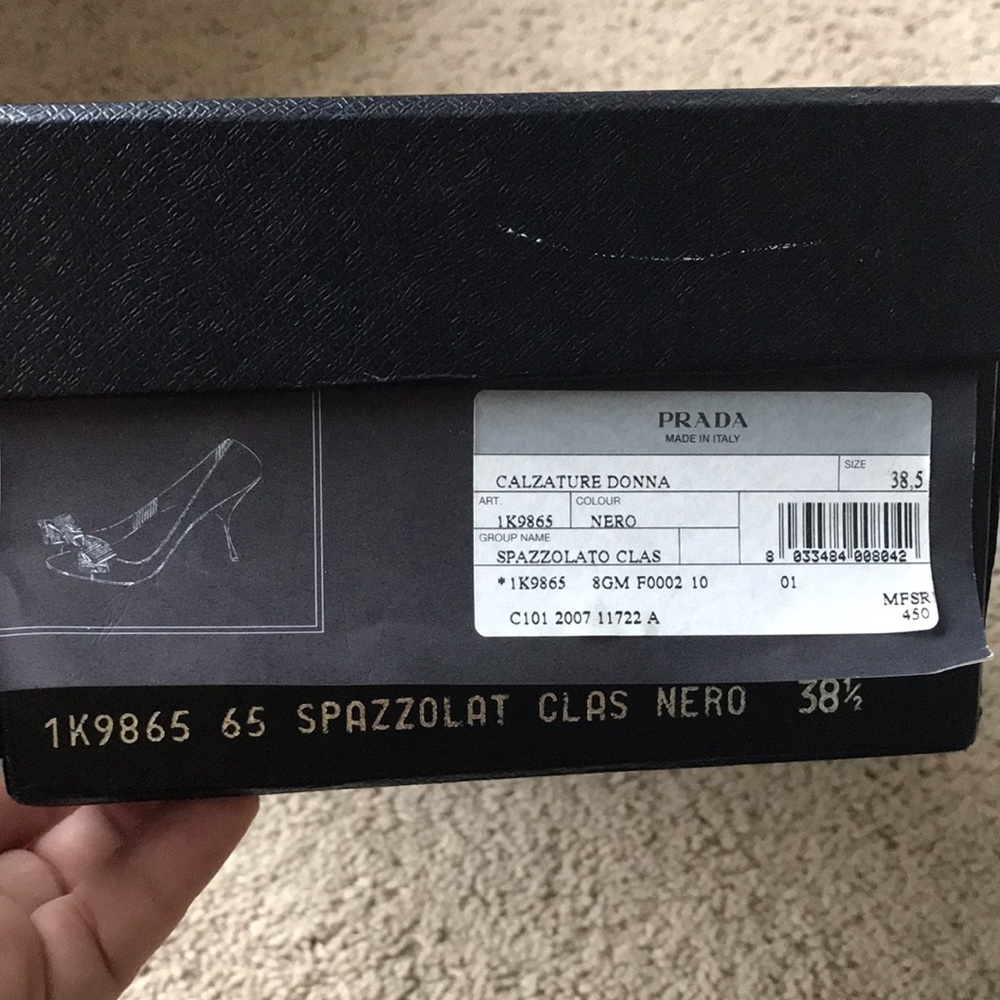 Prada Black Patent Leather Bow Peep Toe Kitten Heels 38.5 - Picture 7 of 8